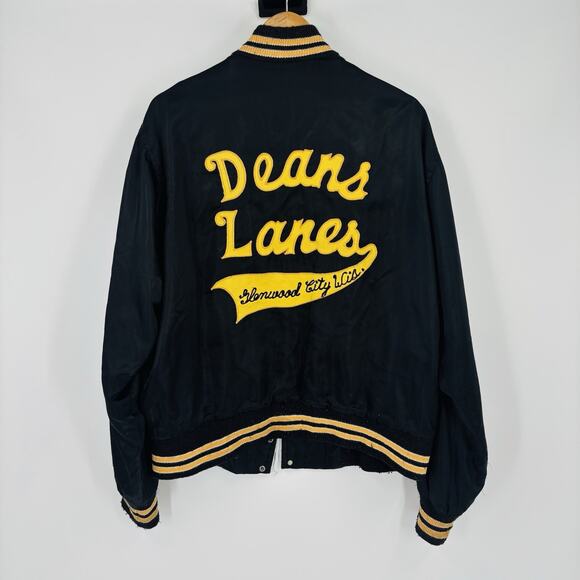 True Vintage Jacket Satin Size Large 60’s Deans Lanes Bowling Varsity Navy Blue - Picture 1 of 8